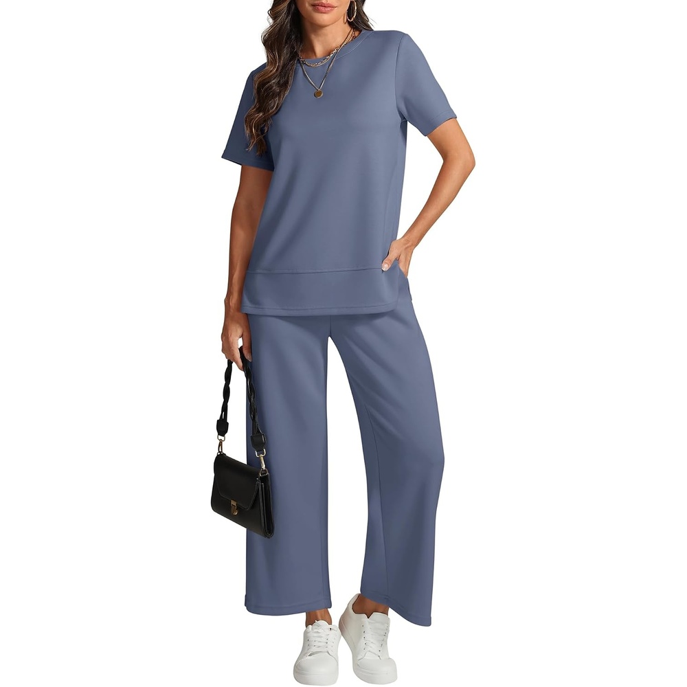 image:imageATHMILE Womens 2 Piece Lounge Set Fashion Travel Outfits Summer Beach Vacation Tracksuit Comfy Wide Leg Airport LoungewearBlue