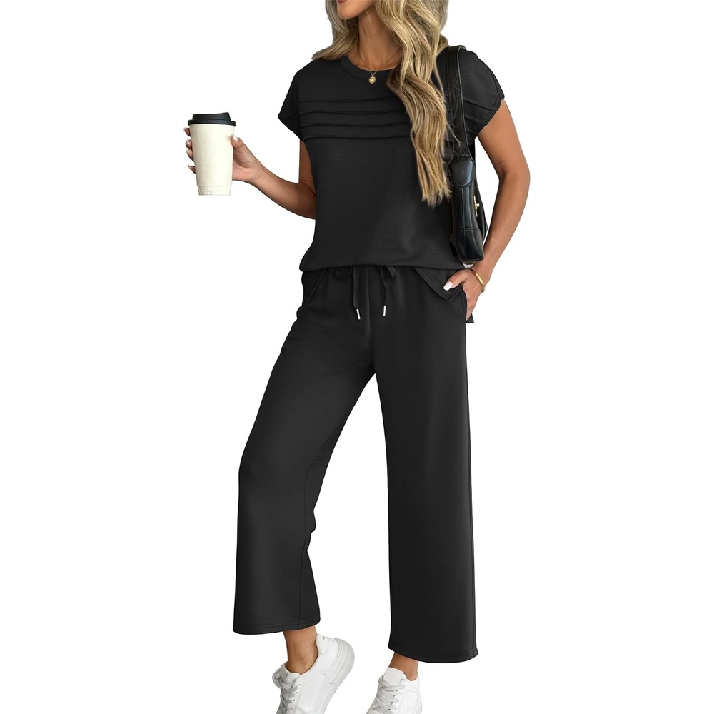 image:imageATHMILE Womens 2 Piece Lounge Set Fashion Travel Outfits Summer Beach Vacation Tracksuit Comfy Wide Leg Airport LoungewearCblack