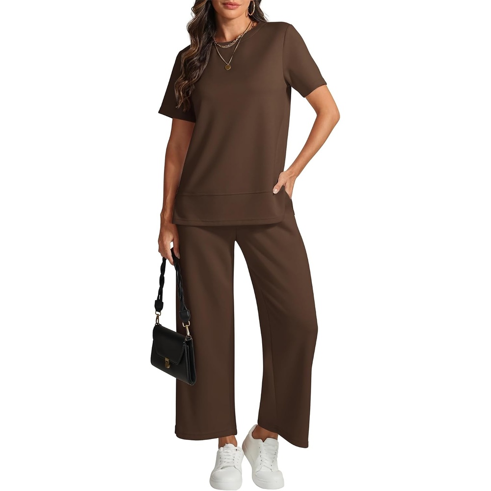 image:imageATHMILE Womens 2 Piece Lounge Set Fashion Travel Outfits Summer Beach Vacation Tracksuit Comfy Wide Leg Airport LoungewearCoffee
