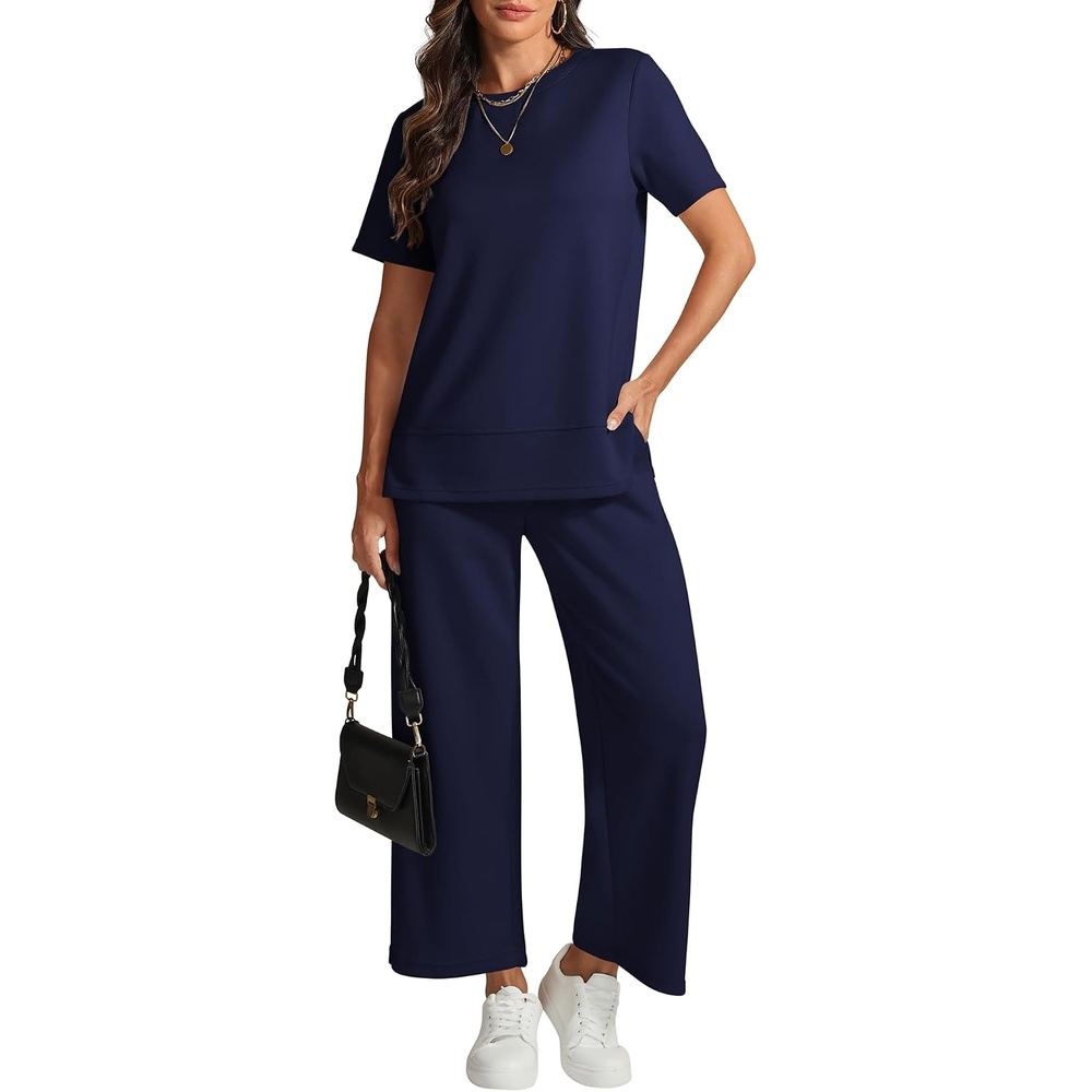 image:imageATHMILE Womens 2 Piece Lounge Set Fashion Travel Outfits Summer Beach Vacation Tracksuit Comfy Wide Leg Airport LoungewearNavy