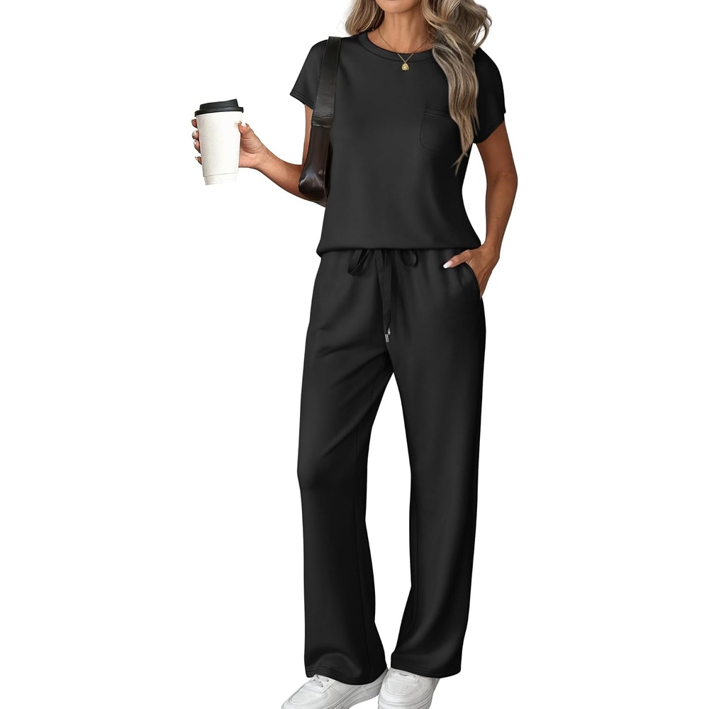 image:imageATHMILE Womens 2 Piece Lounge Set Fashion Travel Outfits Summer Beach Vacation Tracksuit Comfy Wide Leg Airport LoungewearZblack