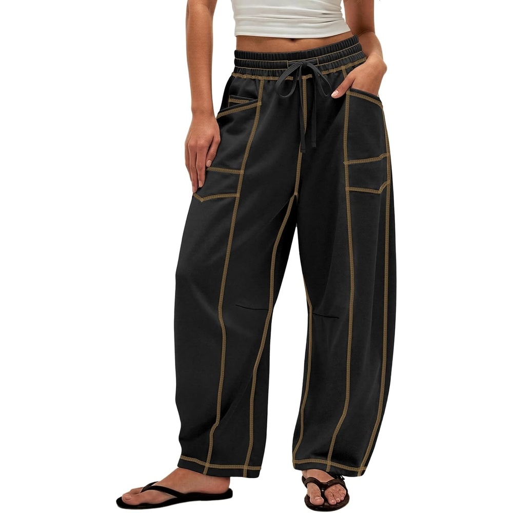 image:imageATHMILE Womens Baggy Barrel Sweatpants Wide Leg Drawstring Lounge Sweat Pants with PocketsBlack