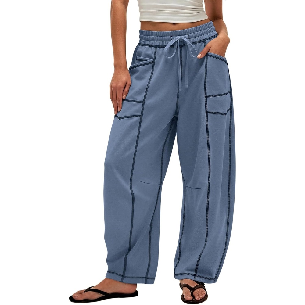 image:imageATHMILE Womens Baggy Barrel Sweatpants Wide Leg Drawstring Lounge Sweat Pants with PocketsBlue