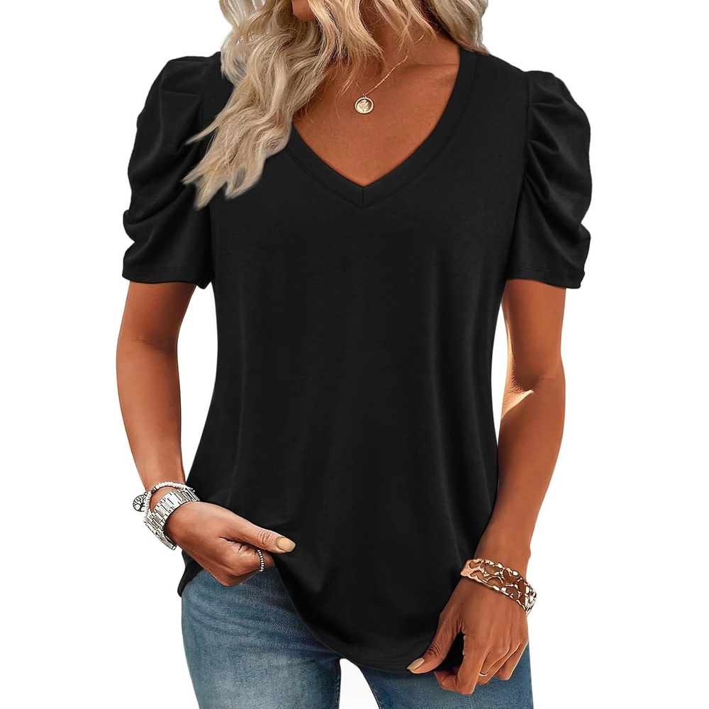 image:imageATHMILE Womens Blouse Dressy Casual V Neck Puff Short Sleeve Tshirts Boho Fashion Summer Spring Tunic Top ClothesBlack