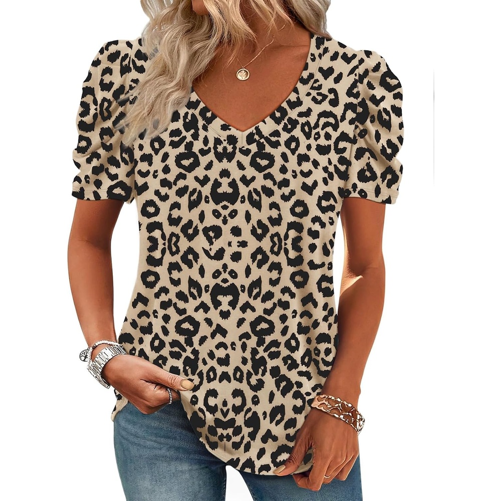 image:imageATHMILE Womens Blouse Dressy Casual V Neck Puff Short Sleeve Tshirts Boho Fashion Summer Spring Tunic Top ClothesLeopard