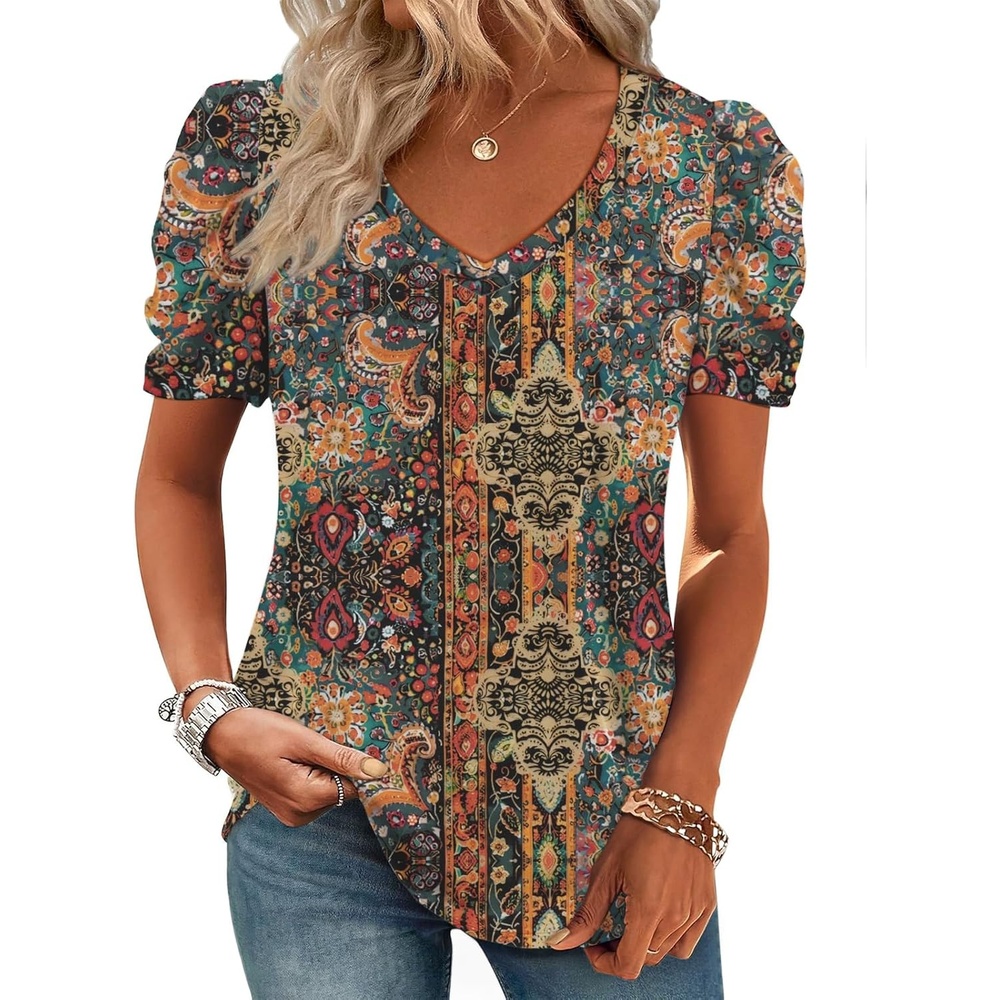 image:imageATHMILE Womens Blouse Dressy Casual V Neck Puff Short Sleeve Tshirts Boho Fashion Summer Spring Tunic Top ClothesPaisley