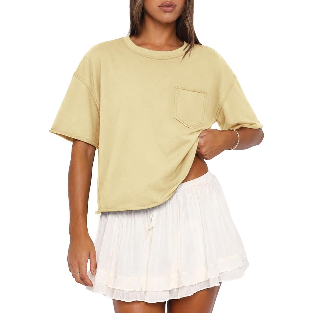 image:imageATHMILE Womens Crop Tops Workout Shirts Gym Oversized Spring Summer Basic Tees Short Sleeve Casual Loose Drop Shoulder 2026Beige