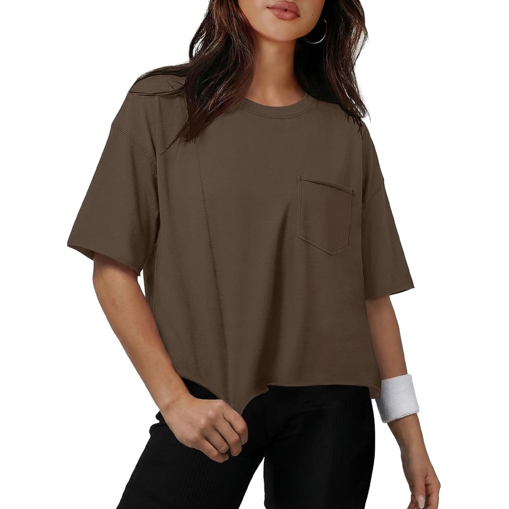 image:imageATHMILE Womens Crop Tops Workout Shirts Gym Oversized Spring Summer Basic Tees Short Sleeve Casual Loose Drop Shoulder 2026Brown