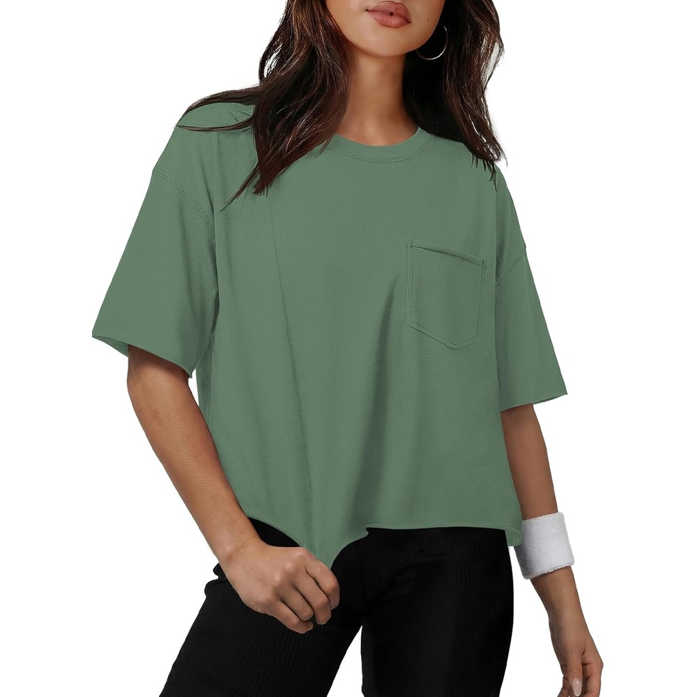 image:imageATHMILE Womens Crop Tops Workout Shirts Gym Oversized Spring Summer Basic Tees Short Sleeve Casual Loose Drop Shoulder 2026Darkgreen