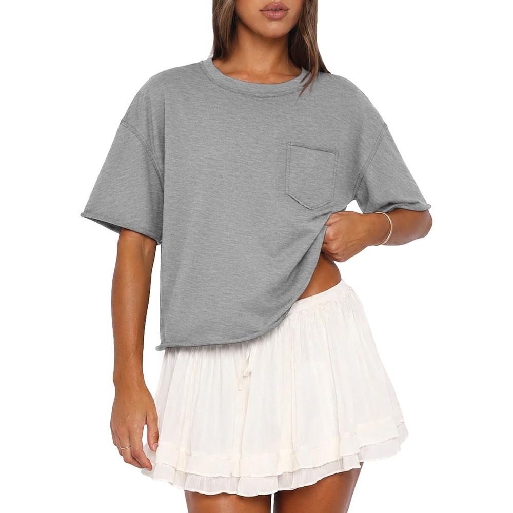image:imageATHMILE Womens Crop Tops Workout Shirts Gym Oversized Spring Summer Basic Tees Short Sleeve Casual Loose Drop Shoulder 2026Gray