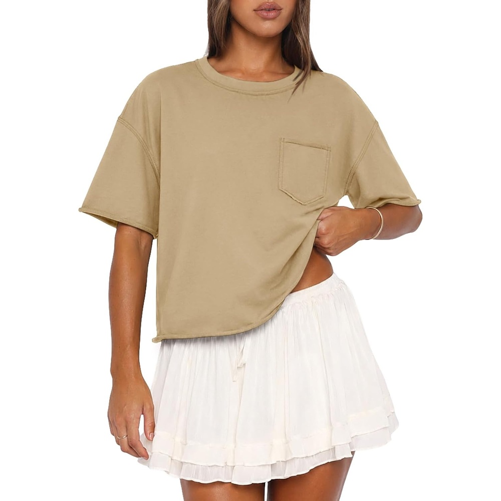 image:imageATHMILE Womens Crop Tops Workout Shirts Gym Oversized Spring Summer Basic Tees Short Sleeve Casual Loose Drop Shoulder 2026Lightkhaki