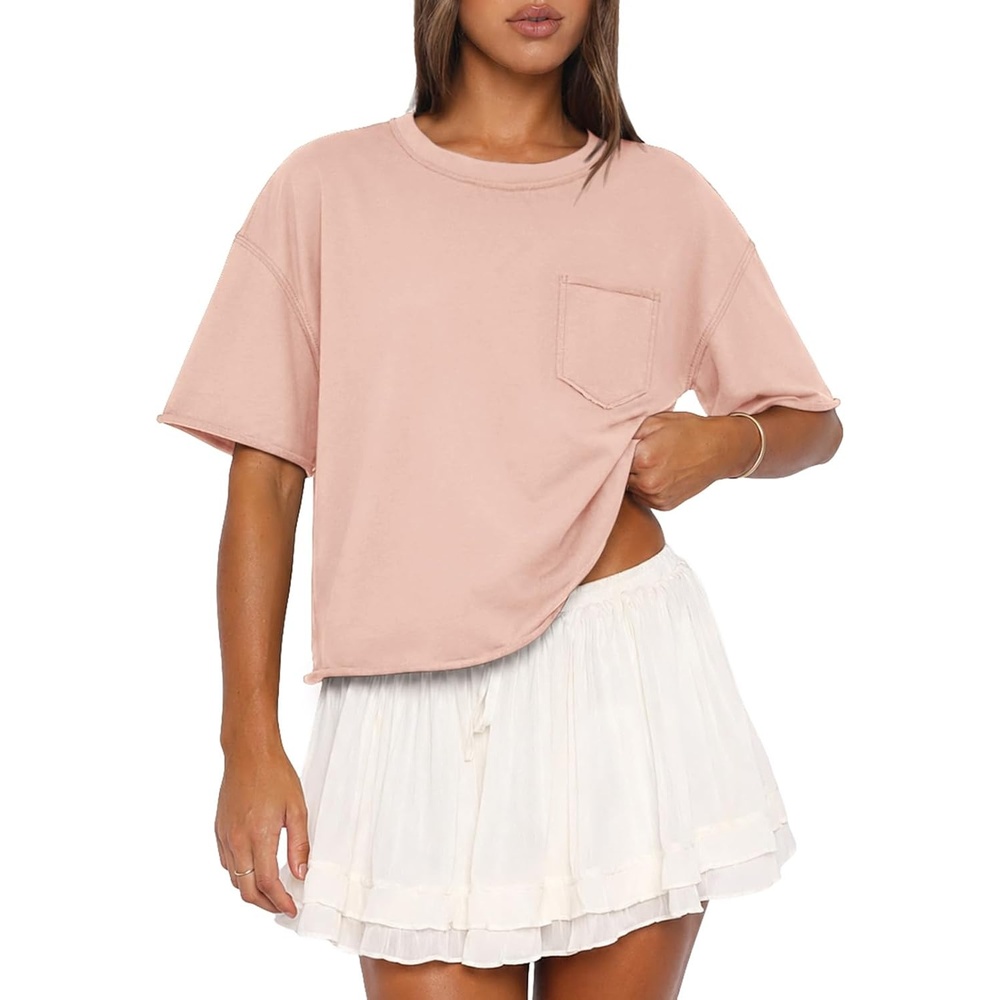 image:imageATHMILE Womens Crop Tops Workout Shirts Gym Oversized Spring Summer Basic Tees Short Sleeve Casual Loose Drop Shoulder 2026Lightpink