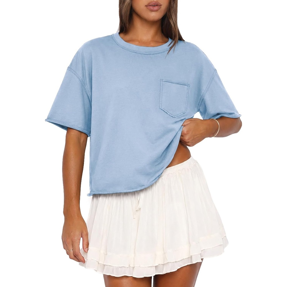 image:imageATHMILE Womens Crop Tops Workout Shirts Gym Oversized Spring Summer Basic Tees Short Sleeve Casual Loose Drop Shoulder 2026Skyblue