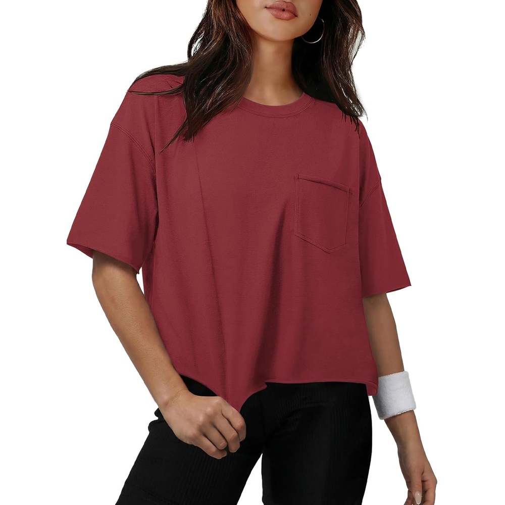 image:imageATHMILE Womens Crop Tops Workout Shirts Gym Oversized Spring Summer Basic Tees Short Sleeve Casual Loose Drop Shoulder 2026Winered