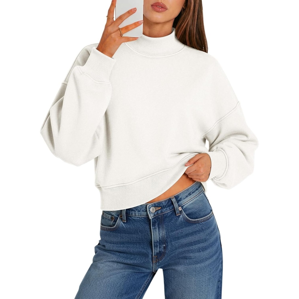 image:imageATHMILE Womens Cropped Sweatshirts Oversized Turtleneck Long Sleeve Tops 2026 Spring Winter Loose Pullover Teen Girls ClothesWhite