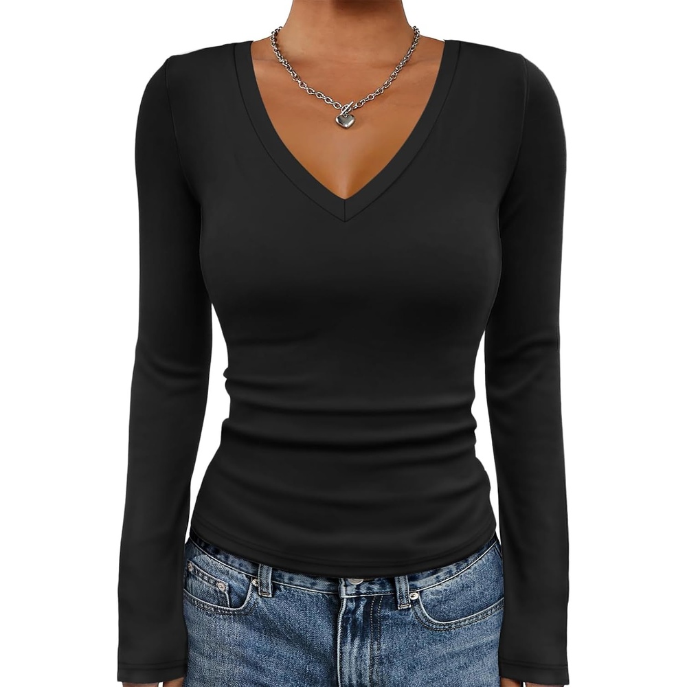 image:imageATHMILE Womens Fall Deep V Neck Long Sleeve Shirts Modal Slim Fit Basic Tee Tops 2026Ablack