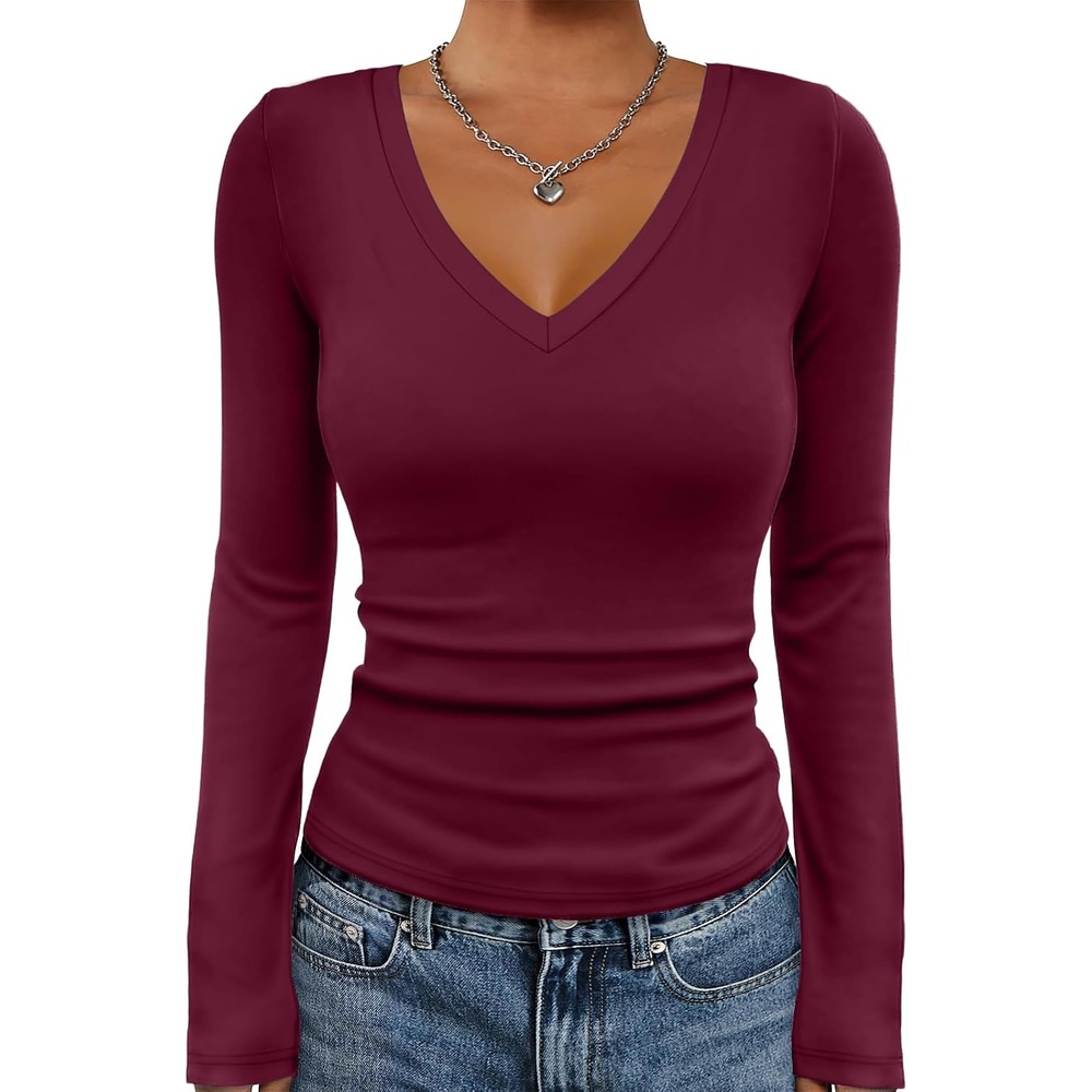 image:imageATHMILE Womens Fall Deep V Neck Long Sleeve Shirts Modal Slim Fit Basic Tee Tops 2026Aburgundy