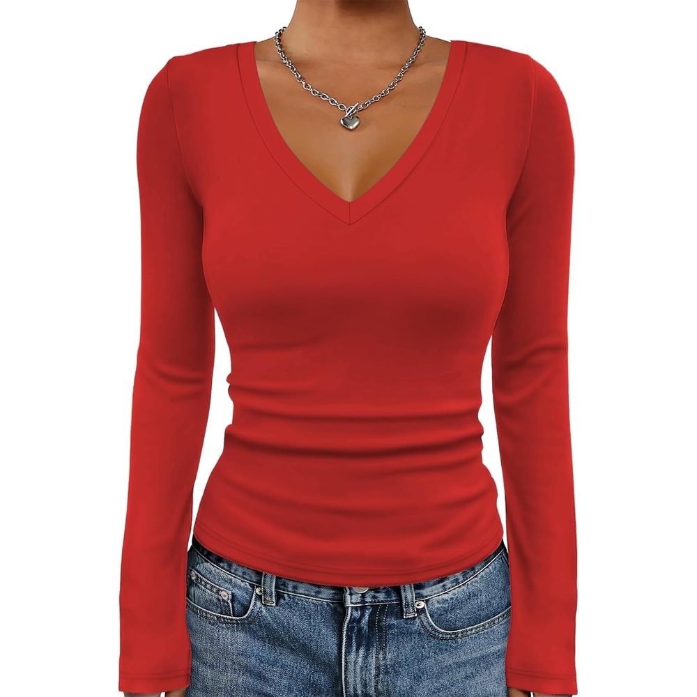 image:imageATHMILE Womens Fall Deep V Neck Long Sleeve Shirts Modal Slim Fit Basic Tee Tops 2026Ared