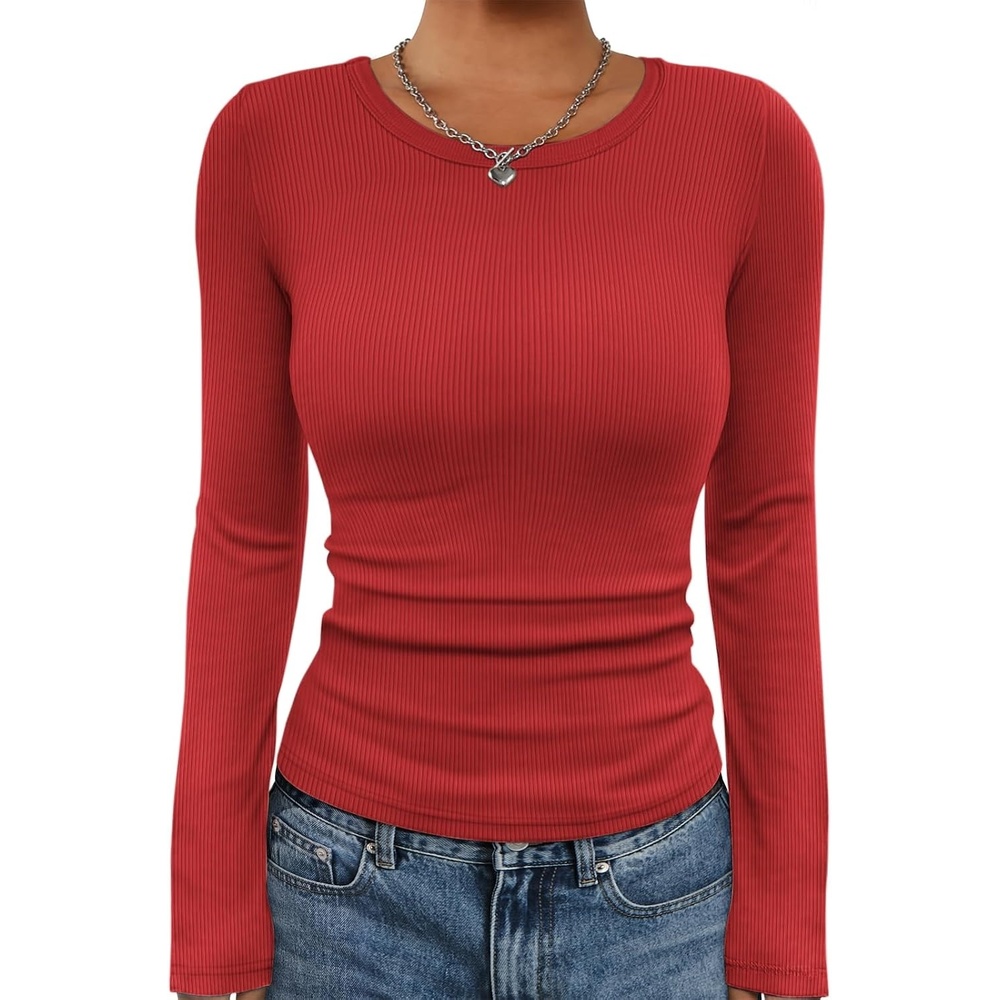 image:imageATHMILE Womens Long Sleeve CrewneckV Neck Ribbed Tops Fall Fitted Stretch Casual Basic T Shirts 2026Ared