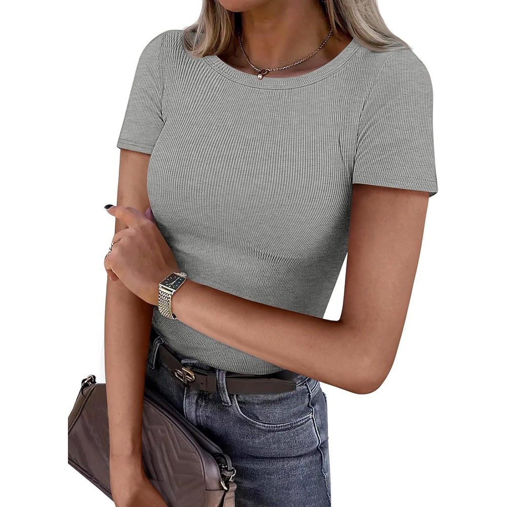image:imageATHMILE Womens Long Sleeve CrewneckV Neck Ribbed Tops Fall Fitted Stretch Casual Basic T Shirts 2026Bheather Grey