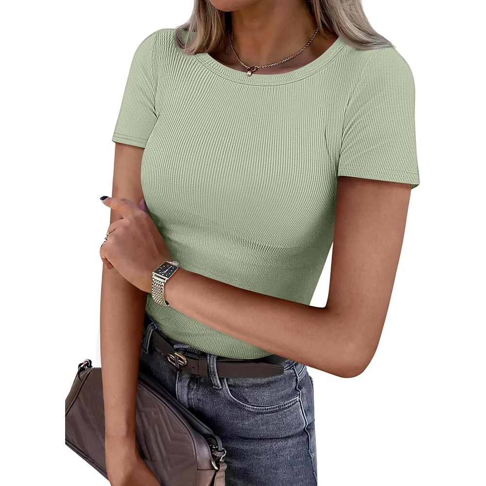 image:imageATHMILE Womens Long Sleeve CrewneckV Neck Ribbed Tops Fall Fitted Stretch Casual Basic T Shirts 2026Bsage Green