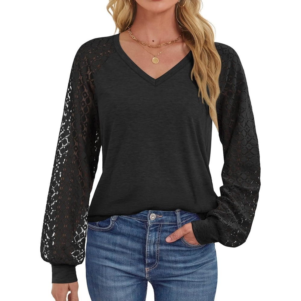 image:imageATHMILE Womens Long Sleeve Shirts VNeck Lace Tops Business Casual Blouses Tee 2025 Trendy Fall Fashion Outfits ClothesBlack