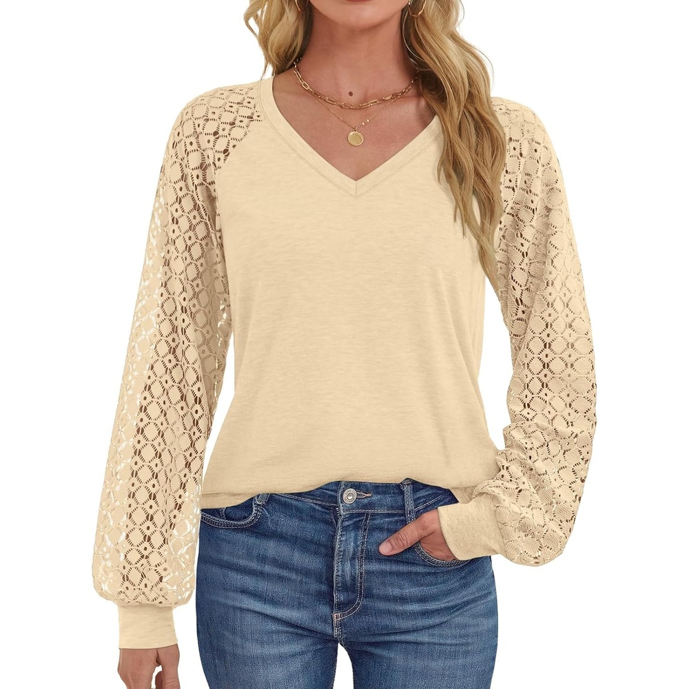 image:imageATHMILE Womens Long Sleeve Shirts VNeck Lace Tops Business Casual Blouses Tee 2025 Trendy Fall Fashion Outfits ClothesCream