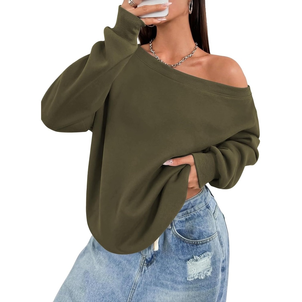 image:imageATHMILE Womens Off the Shoulder Sweatshirts Fleece Lined Long Sleeve Pullover Tops Oversized Sweater Basic Slouchy ClothesArmy Green
