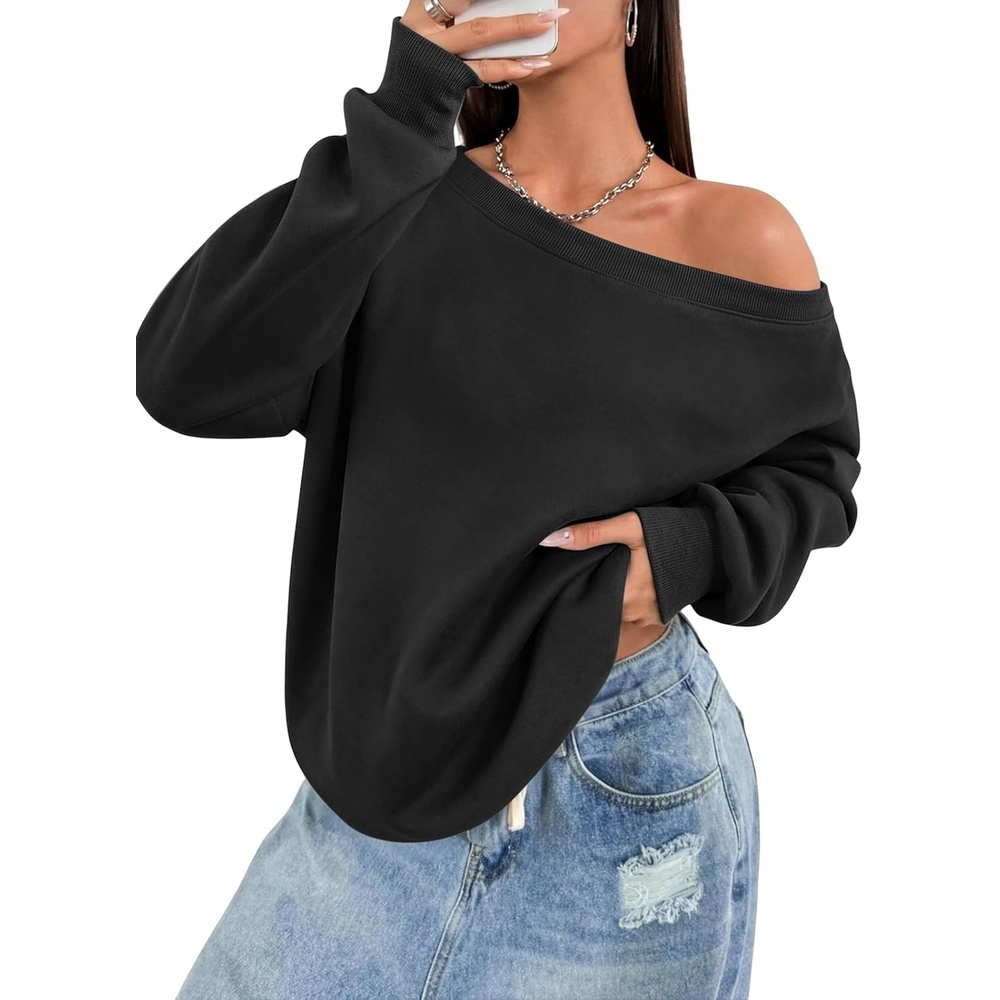image:imageATHMILE Womens Off the Shoulder Sweatshirts Fleece Lined Long Sleeve Pullover Tops Oversized Sweater Basic Slouchy ClothesBlack