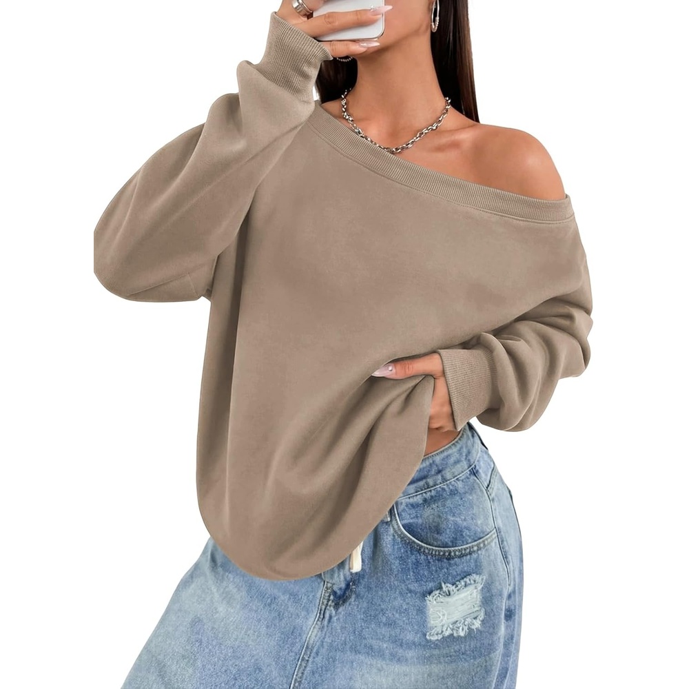 image:imageATHMILE Womens Off the Shoulder Sweatshirts Fleece Lined Long Sleeve Pullover Tops Oversized Sweater Basic Slouchy ClothesCoffeegrey