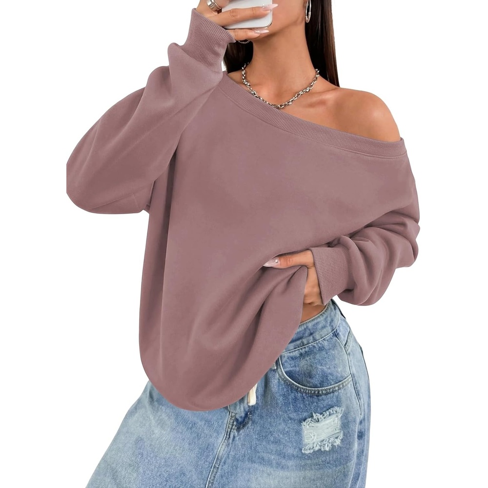 image:imageATHMILE Womens Off the Shoulder Sweatshirts Fleece Lined Long Sleeve Pullover Tops Oversized Sweater Basic Slouchy ClothesDark Pink