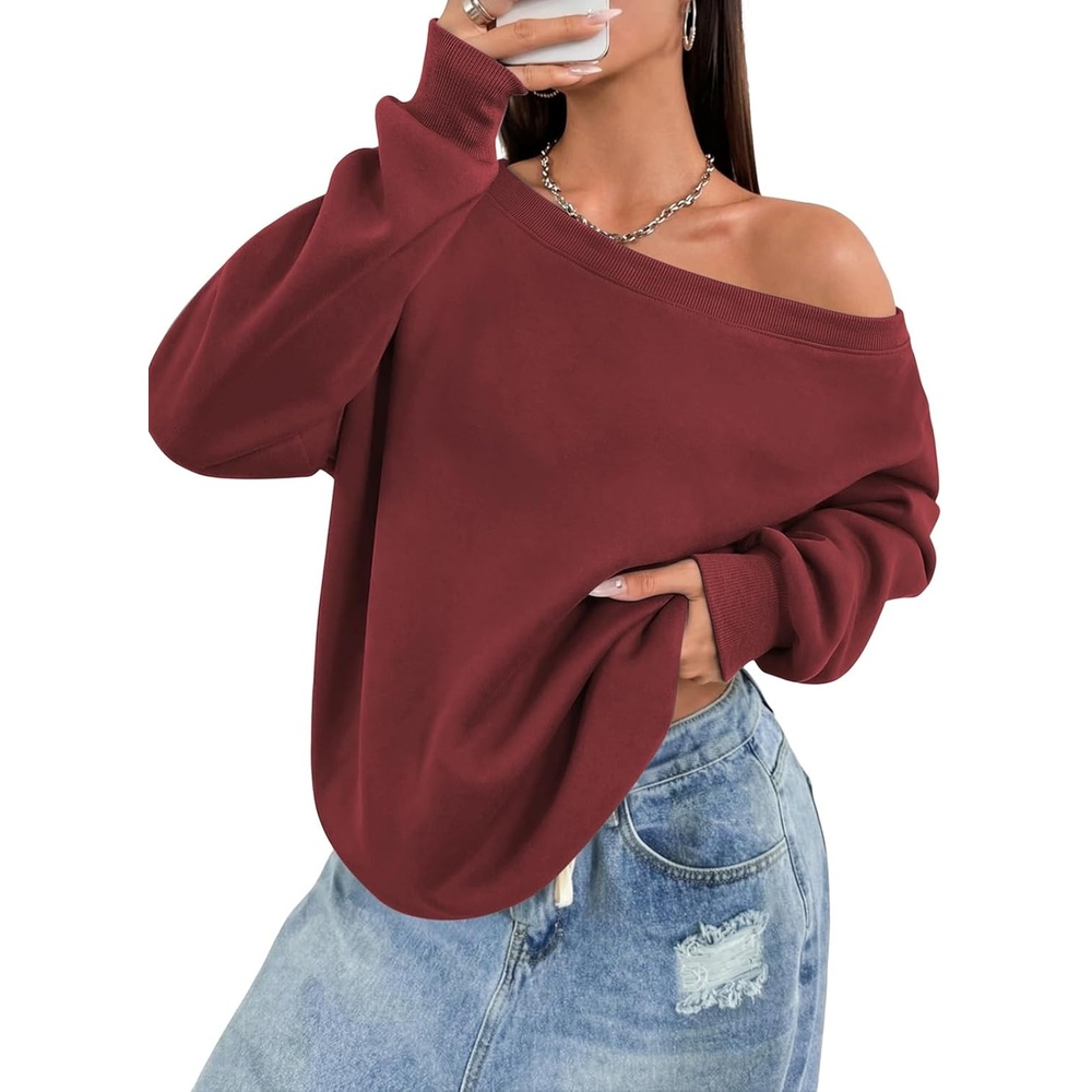 image:imageATHMILE Womens Off the Shoulder Sweatshirts Fleece Lined Long Sleeve Pullover Tops Oversized Sweater Basic Slouchy ClothesWine Red