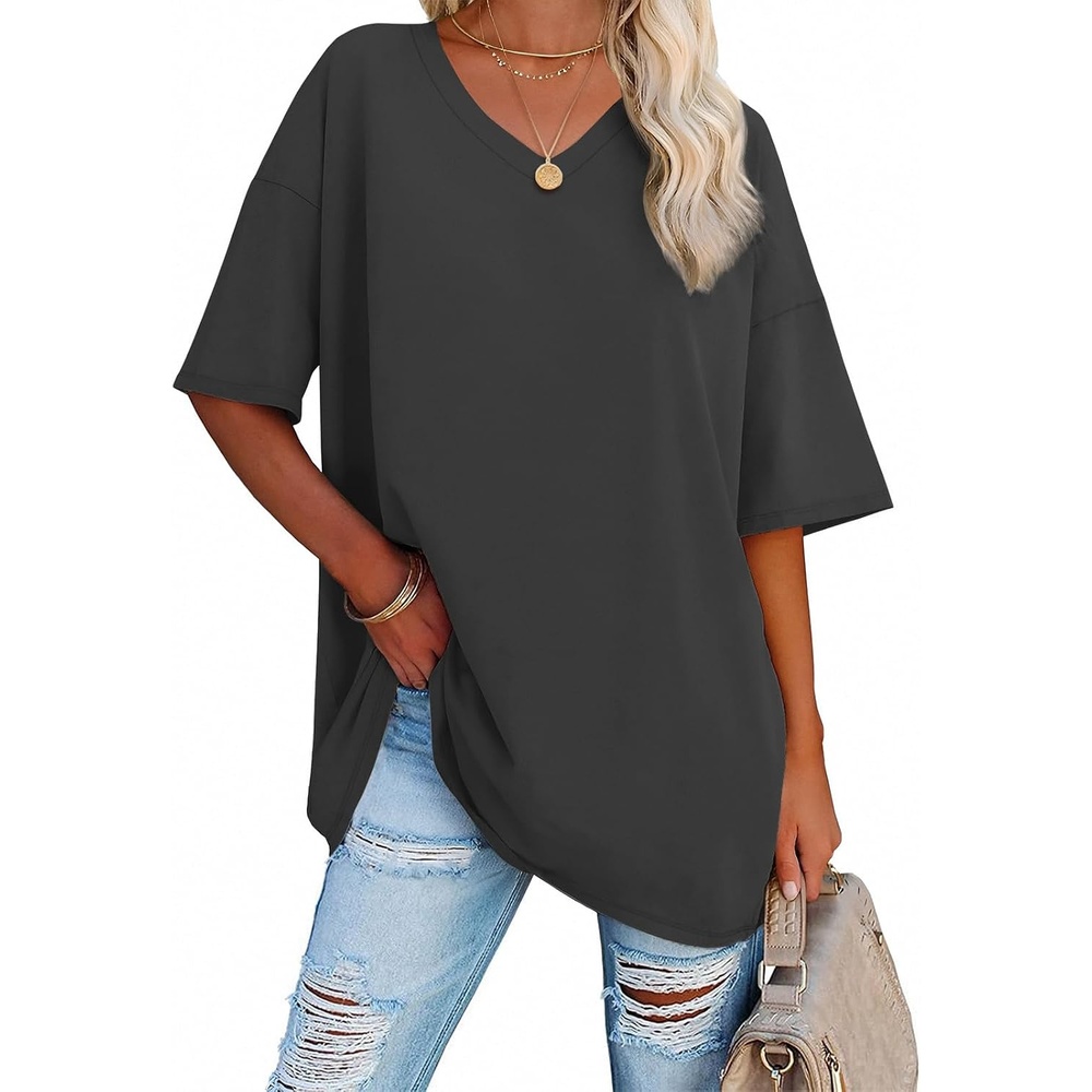 image:imageATHMILE Womens Oversized Shirts V Neck Plus Size Spring Workout Summer Tops Beach Vacation 2026 Gym Clothes Basic TeeDark Gray