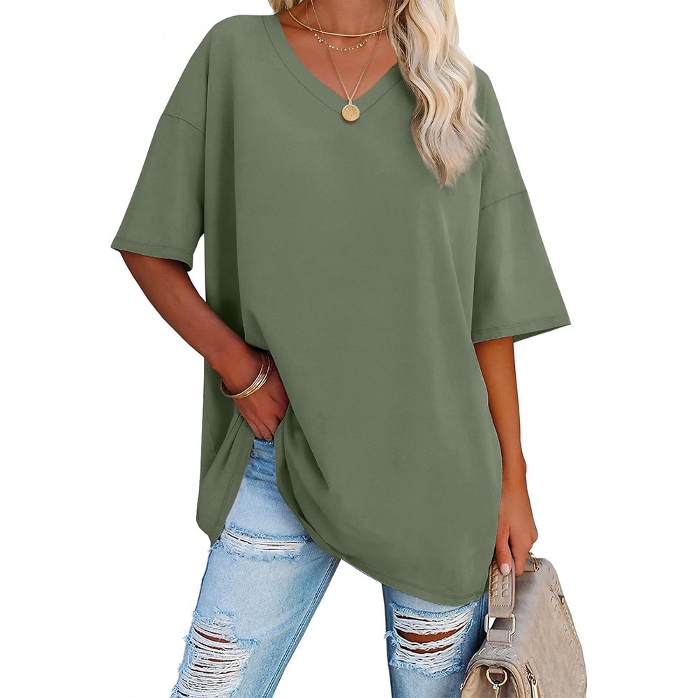 image:imageATHMILE Womens Oversized Shirts V Neck Plus Size Spring Workout Summer Tops Beach Vacation 2026 Gym Clothes Basic TeeDark Gray Green
