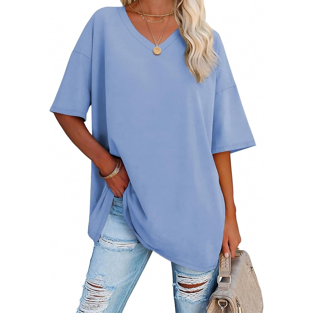 image:imageATHMILE Womens Oversized Shirts V Neck Plus Size Spring Workout Summer Tops Beach Vacation 2026 Gym Clothes Basic TeeIce Blue