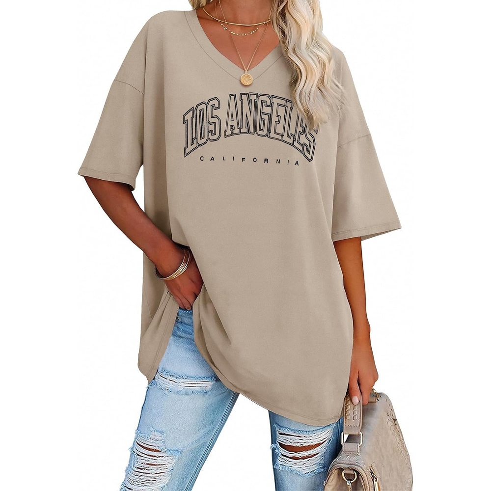 image:imageATHMILE Womens Oversized Shirts V Neck Plus Size Spring Workout Summer Tops Beach Vacation 2026 Gym Clothes Basic TeeKhaki1