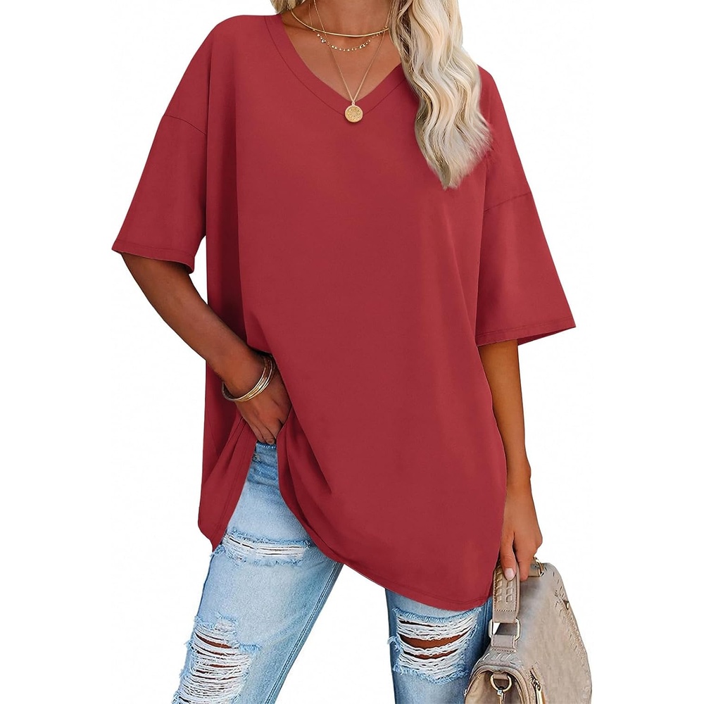 image:imageATHMILE Womens Oversized Shirts V Neck Plus Size Spring Workout Summer Tops Beach Vacation 2026 Gym Clothes Basic TeeRed