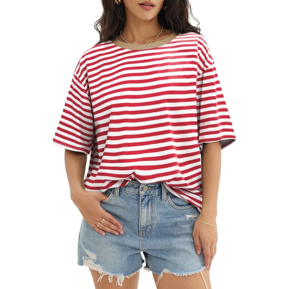 image:imageATHMILE Womens Oversized T Shirts Casual Tee Workout Tops Gym Clothes Summer Loose Fit Short Sleeve Graphics Basic Y2K 2026Striped Red White
