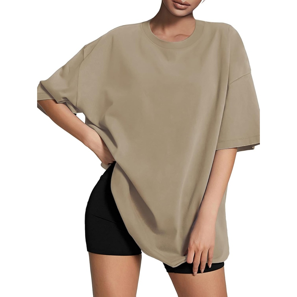 image:imageATHMILE Womens Oversized T Shirts Loose Fit Crewneck Short Sleeve Tops Summer Casual Blouse Y2K Basic Tee 2023Khaki