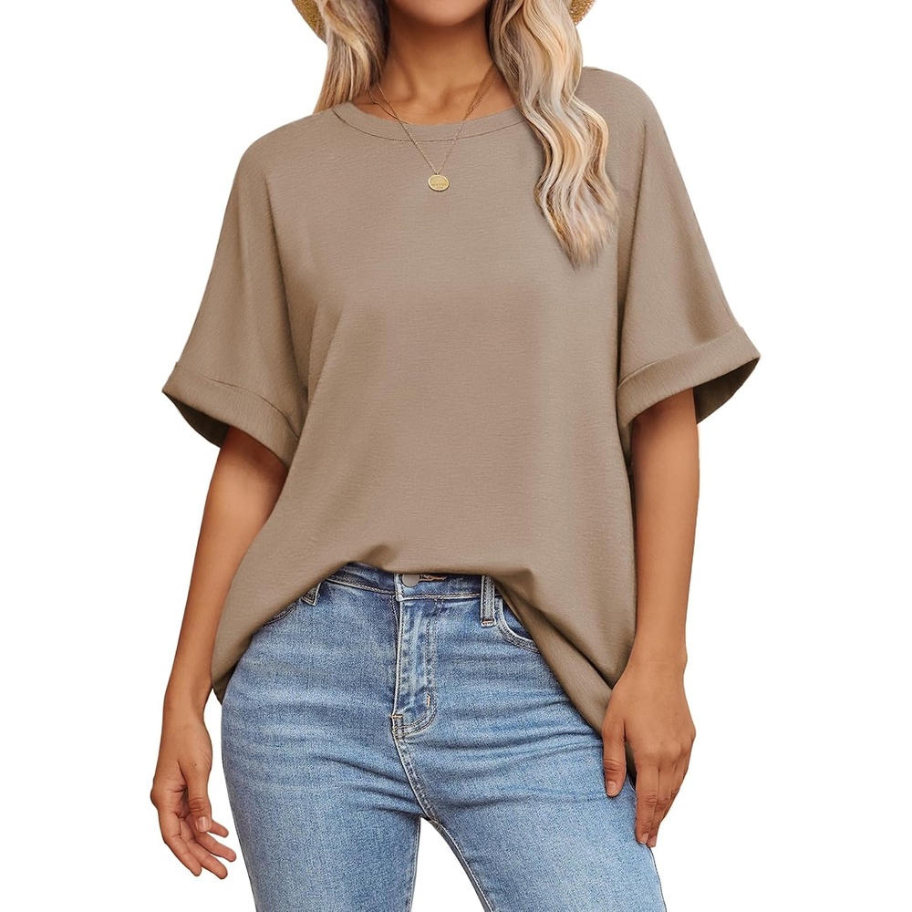 image:imageATHMILE Womens Oversized T Shirts Summer Tops Spring Casual Loose Fit Workout Short Sleeve 2026 Beach VacationKhaki