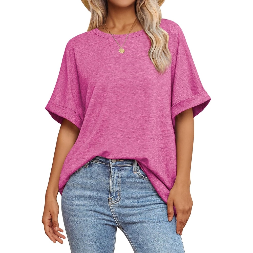 image:imageATHMILE Womens Oversized T Shirts Summer Tops Spring Casual Loose Fit Workout Short Sleeve 2026 Beach VacationRose Red