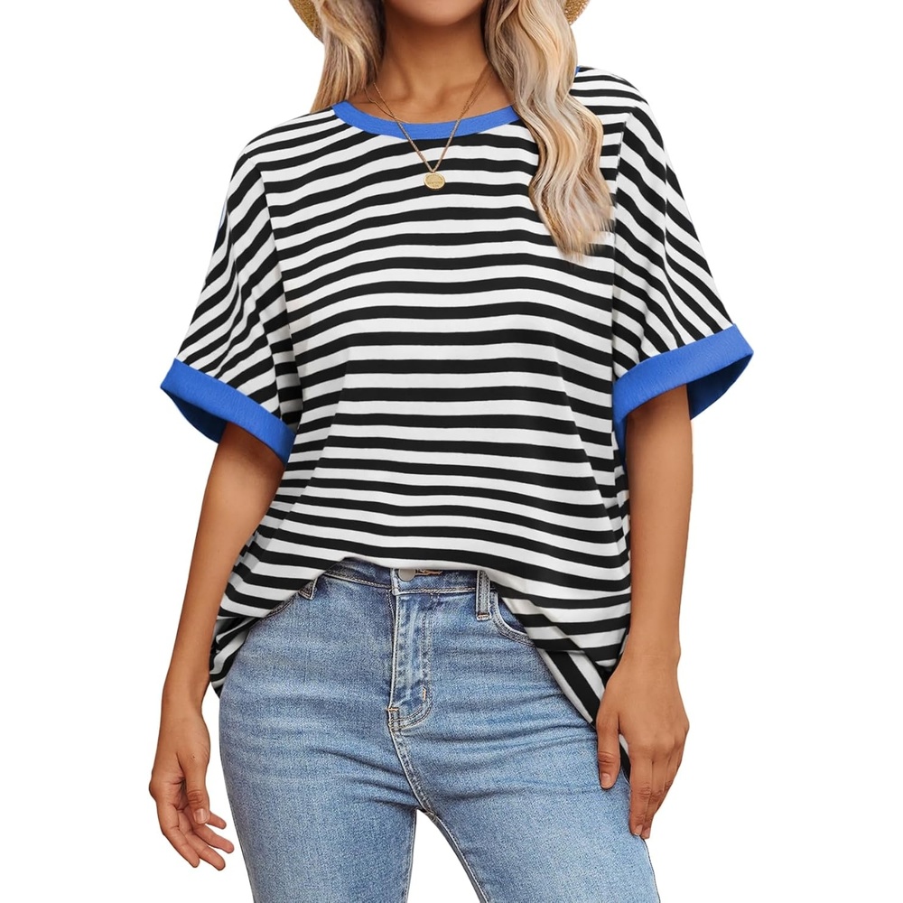 image:imageATHMILE Womens Oversized T Shirts Summer Tops Spring Casual Loose Fit Workout Short Sleeve 2026 Beach VacationStriped Black White
