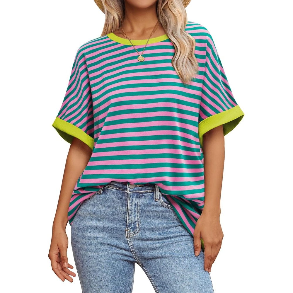 image:imageATHMILE Womens Oversized T Shirts Summer Tops Spring Casual Loose Fit Workout Short Sleeve 2026 Beach VacationStriped Pink Green
