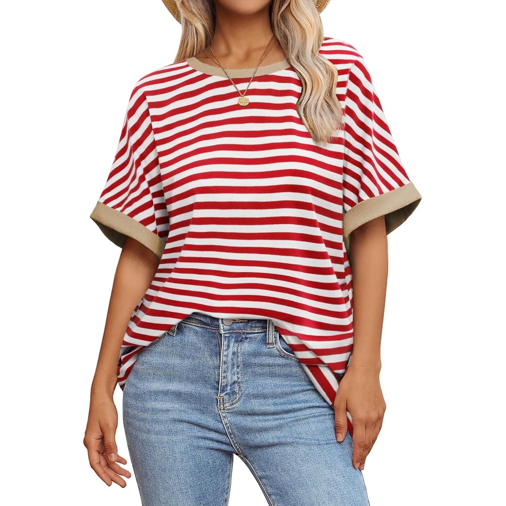 image:imageATHMILE Womens Oversized T Shirts Summer Tops Spring Casual Loose Fit Workout Short Sleeve 2026 Beach VacationStriped Red White