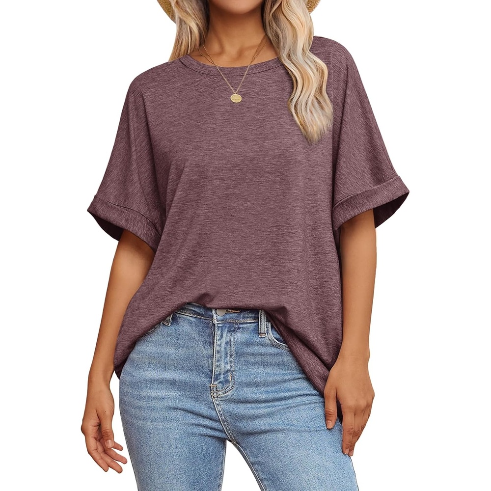 image:imageATHMILE Womens Oversized T Shirts Summer Tops Spring Casual Loose Fit Workout Short Sleeve 2026 Beach VacationWine Red