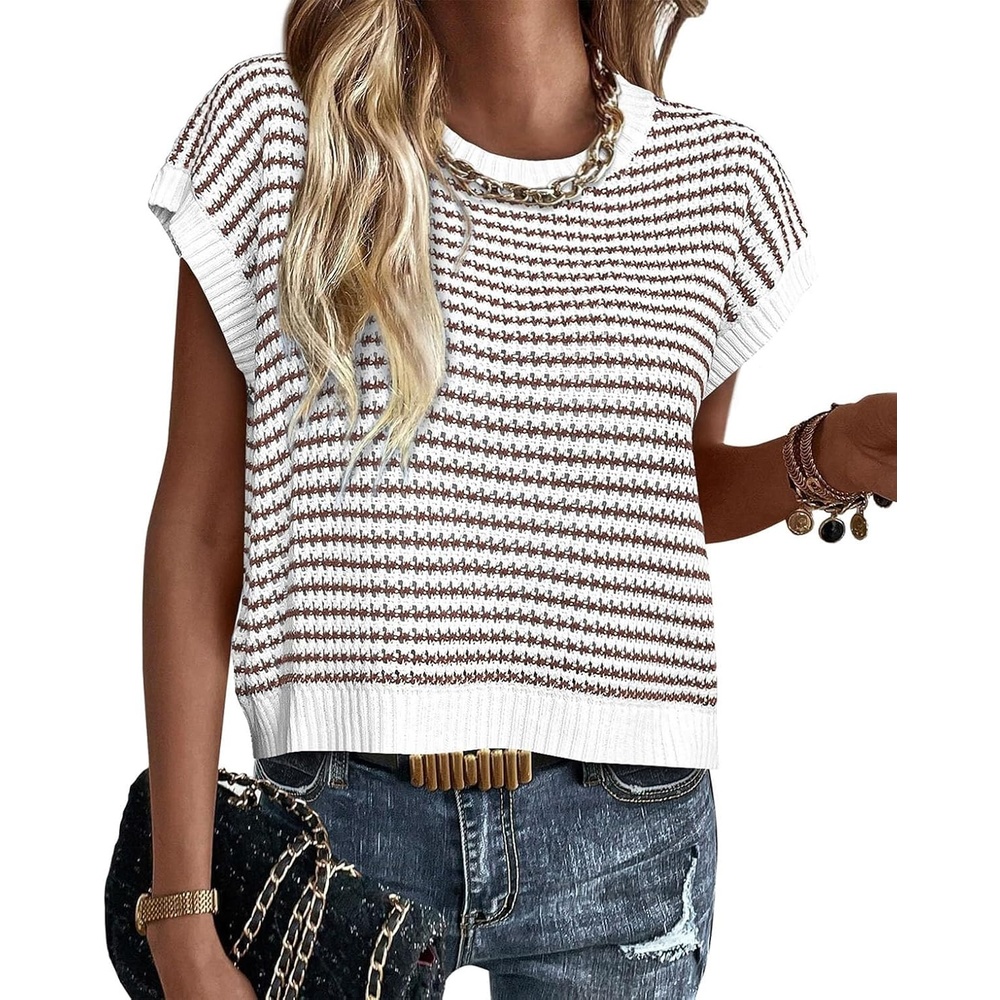image:imageATHMILE Womens Short Sleeve Sweater Spring Summer Striped Teacher Round Neck Pullover Cap Sleeve Knit Cute Vest Tops 2026Brown