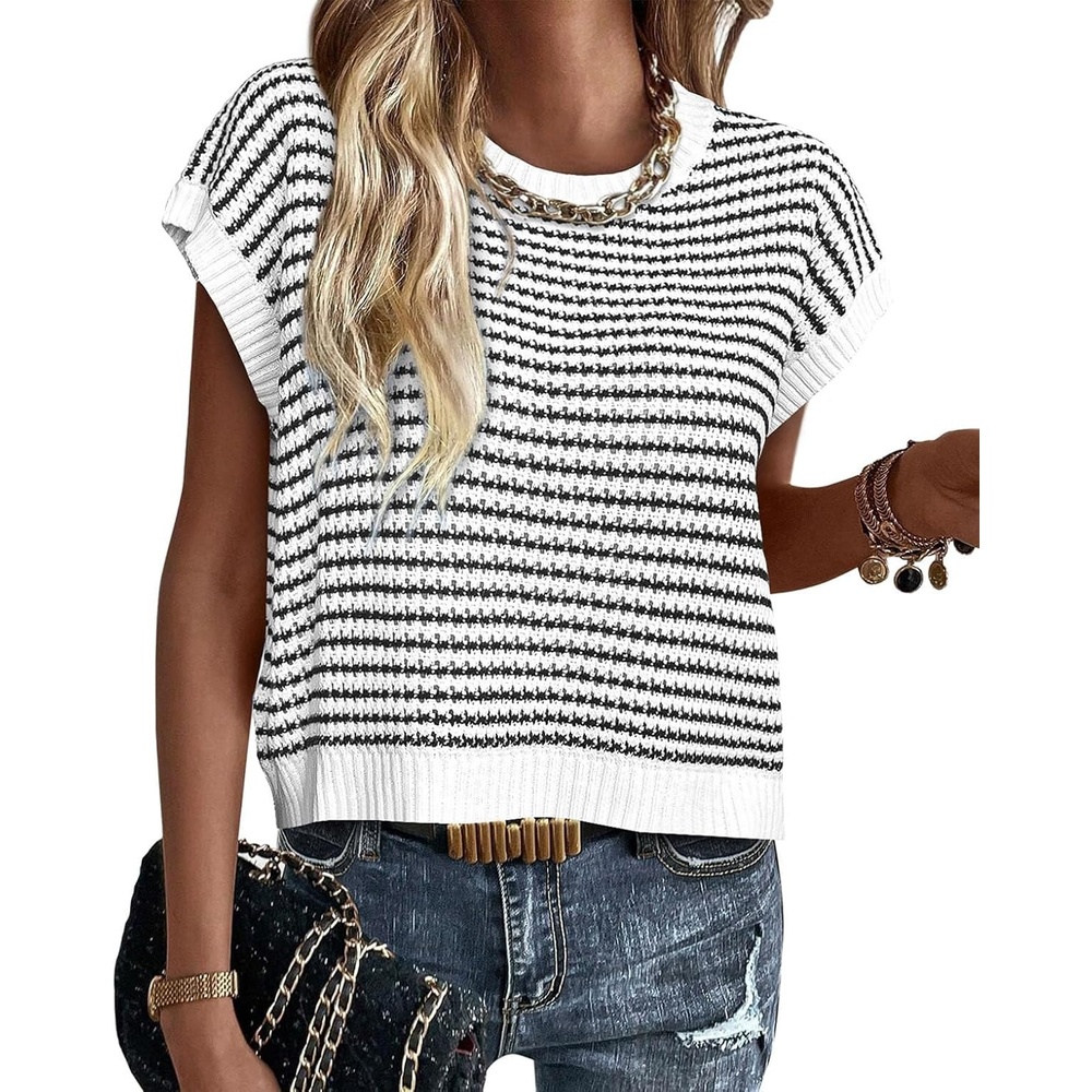 image:imageATHMILE Womens Short Sleeve Sweater Spring Summer Striped Teacher Round Neck Pullover Cap Sleeve Knit Cute Vest Tops 2026White