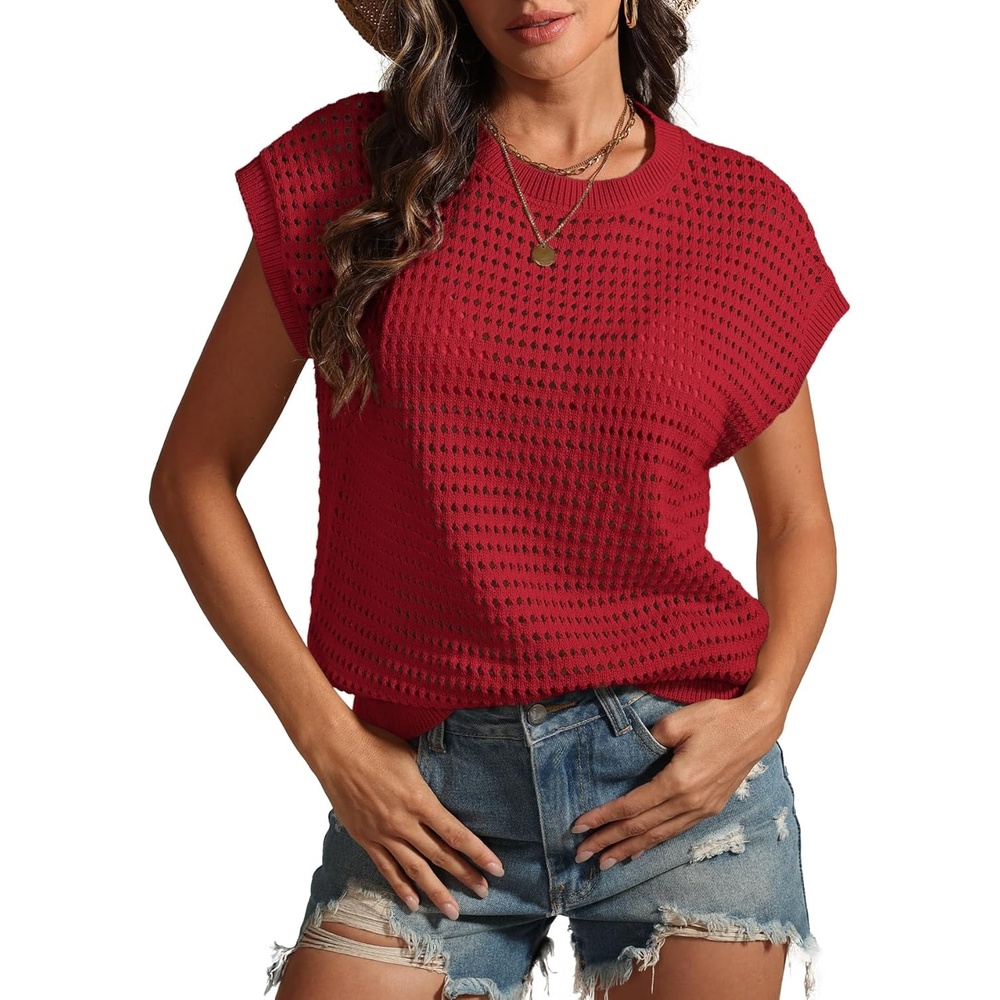 image:imageATHMILE Womens Spring Tops Summer Shirts Beach Vacation Crochet Cap Sleeve Knit Sweater Pullover Cute Fashion ClothesRed