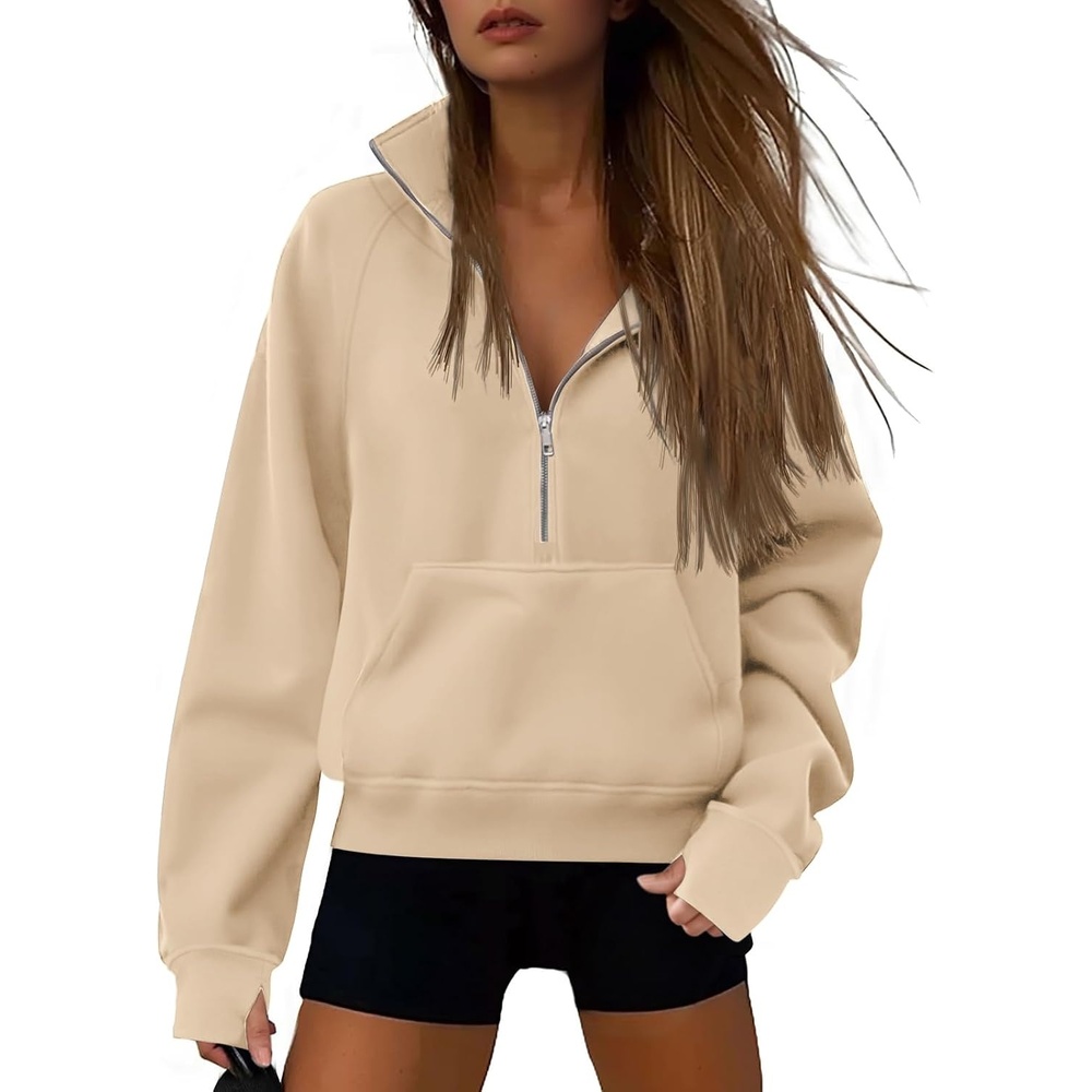 image:imageATHMILE Womens Sweatshirts Half Zip Cropped Pullover Fleece Quarter Zipper Hoodies 2026 Fall Fashion Outfits ClothesApricot