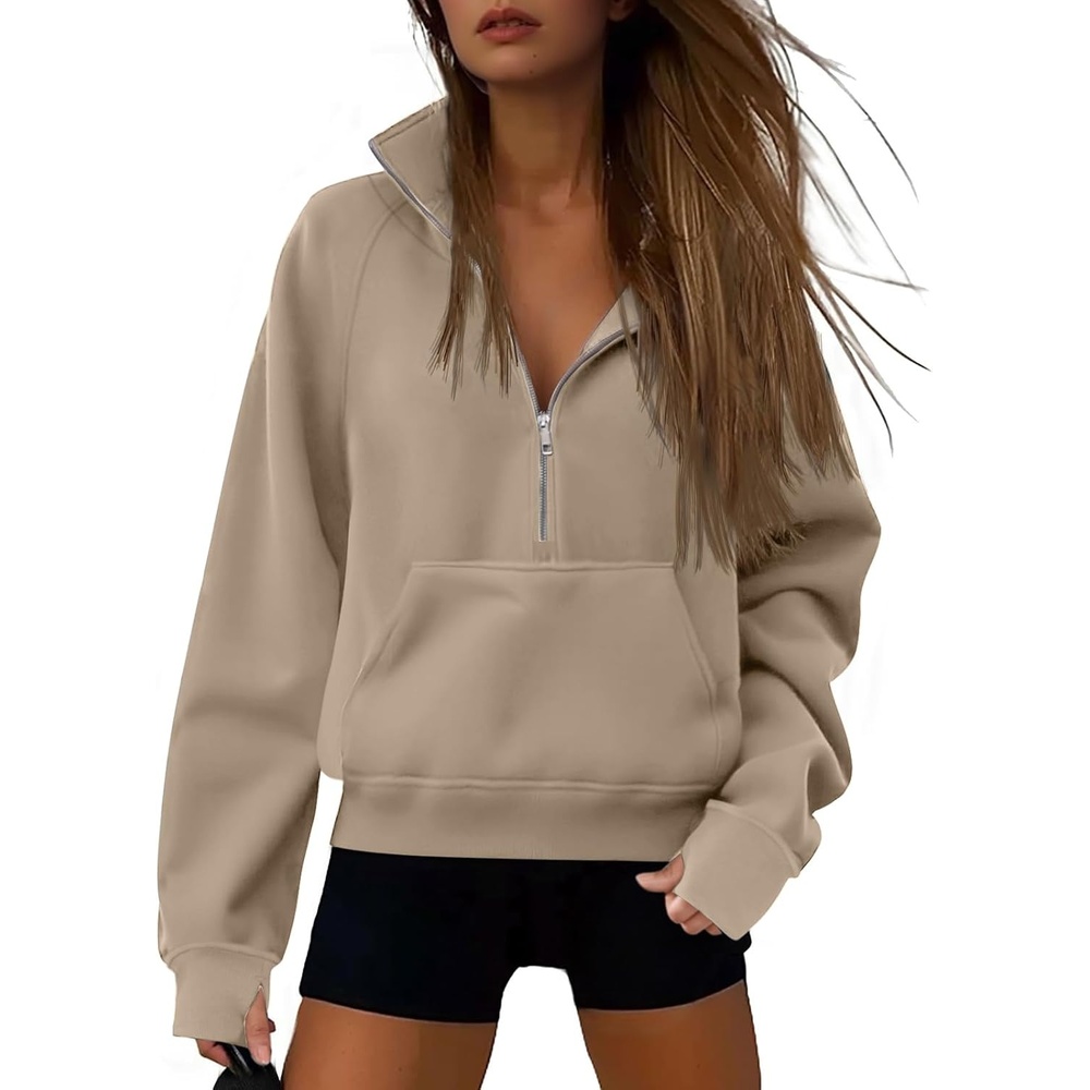 image:imageATHMILE Womens Sweatshirts Half Zip Cropped Pullover Fleece Quarter Zipper Hoodies 2026 Fall Fashion Outfits ClothesCoffeegrey